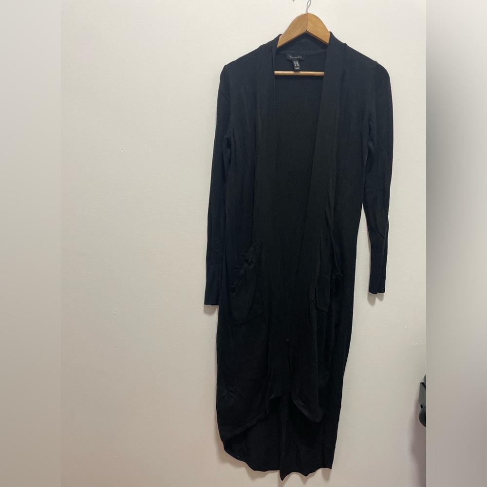 H by Halston Solid Knit Long Black open front cardigan with Pockets
